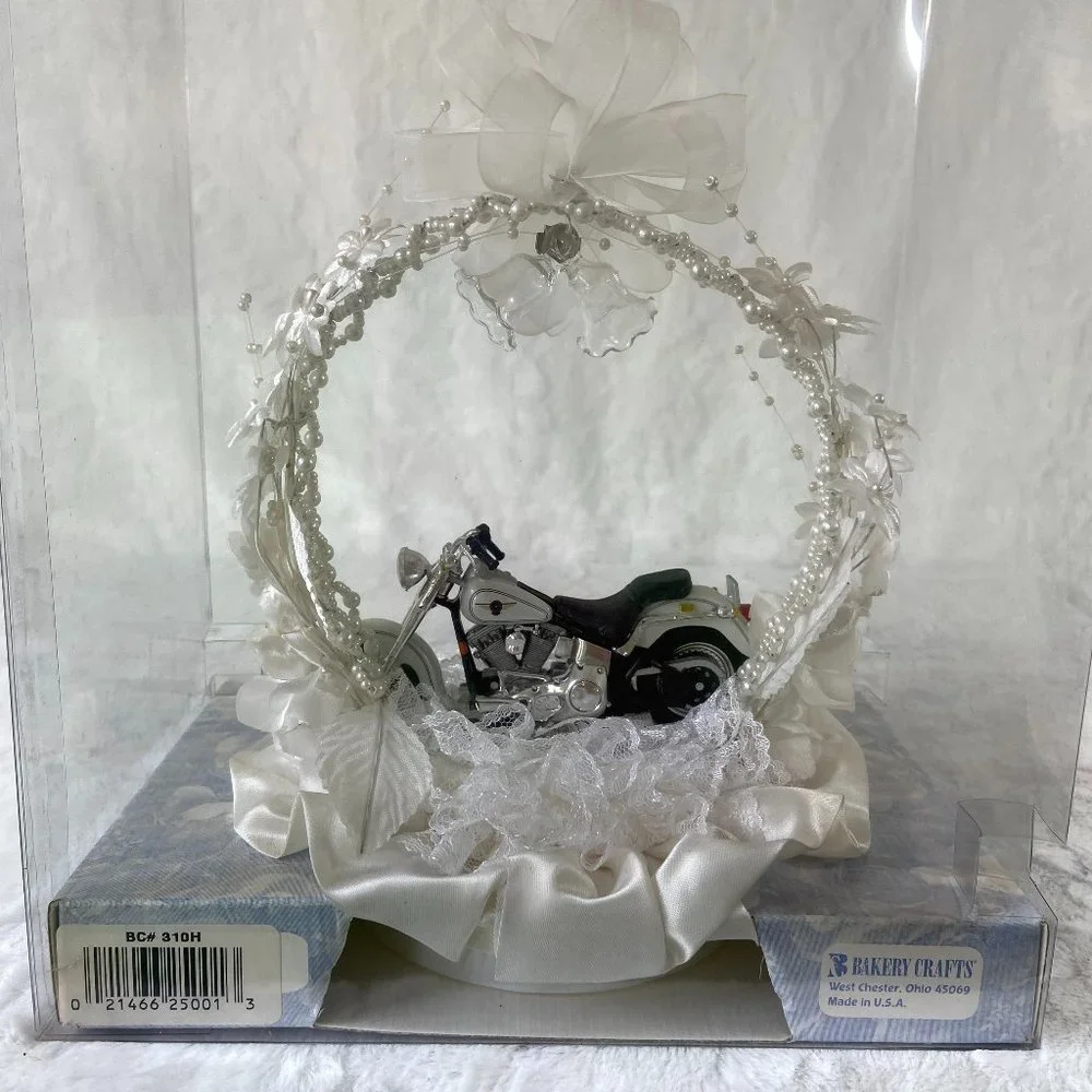 Vintage Bakery Crafts Wedding Cake Topper w/miniature Harley Davidson Motorcycle